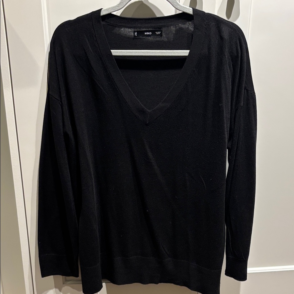 Mango Black V-Neck Sweater in Merino Wool